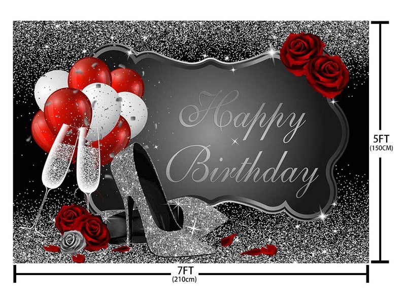 MEHOFOND Glitter Silver Happy Birthday Party Decorations Backdrop for Women Champagne Red Rose Balloon Decor Supplies Photography Background Banner Dessert Table Photo Studio Props 7x5ft - Image 4